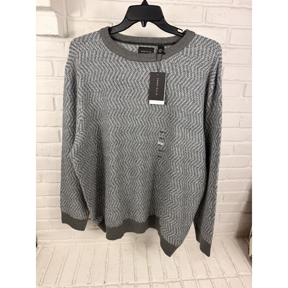 Perry Ellis Mens 2XLT Sweater Gray Blue Textured Crewneck Big Tall NWT